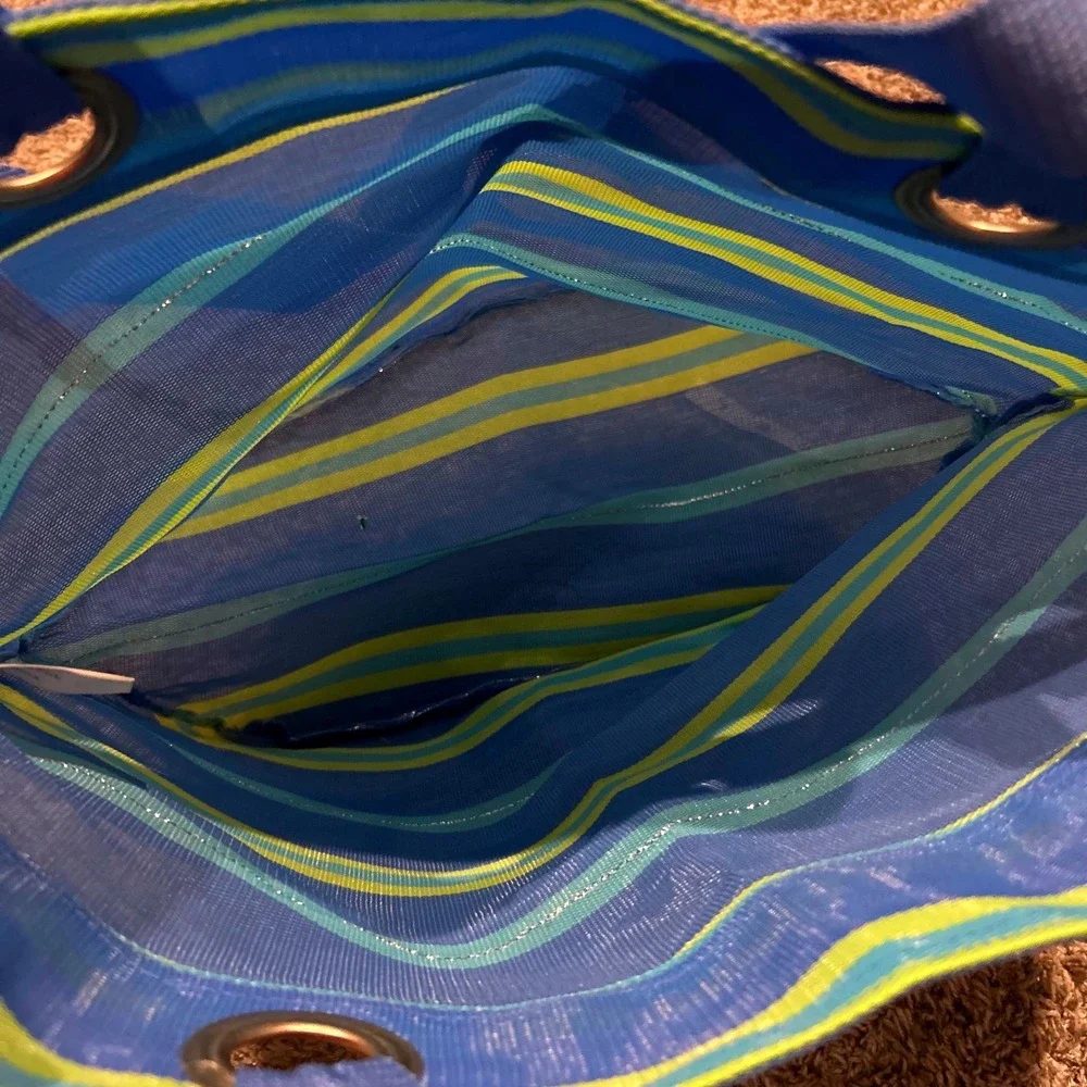 Blue‎ Striped Tote Bag with Silver Accents and Webbing Handles Cute